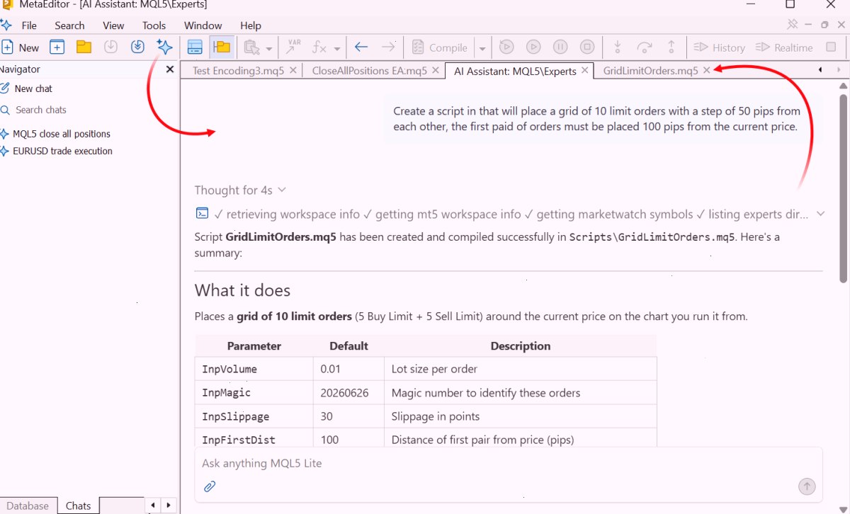 MetaEditor 中的 AI 助手